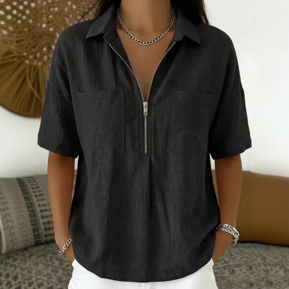 Camisa Informal Manga Corta Cuello V Cremallera Holgada para Mujer