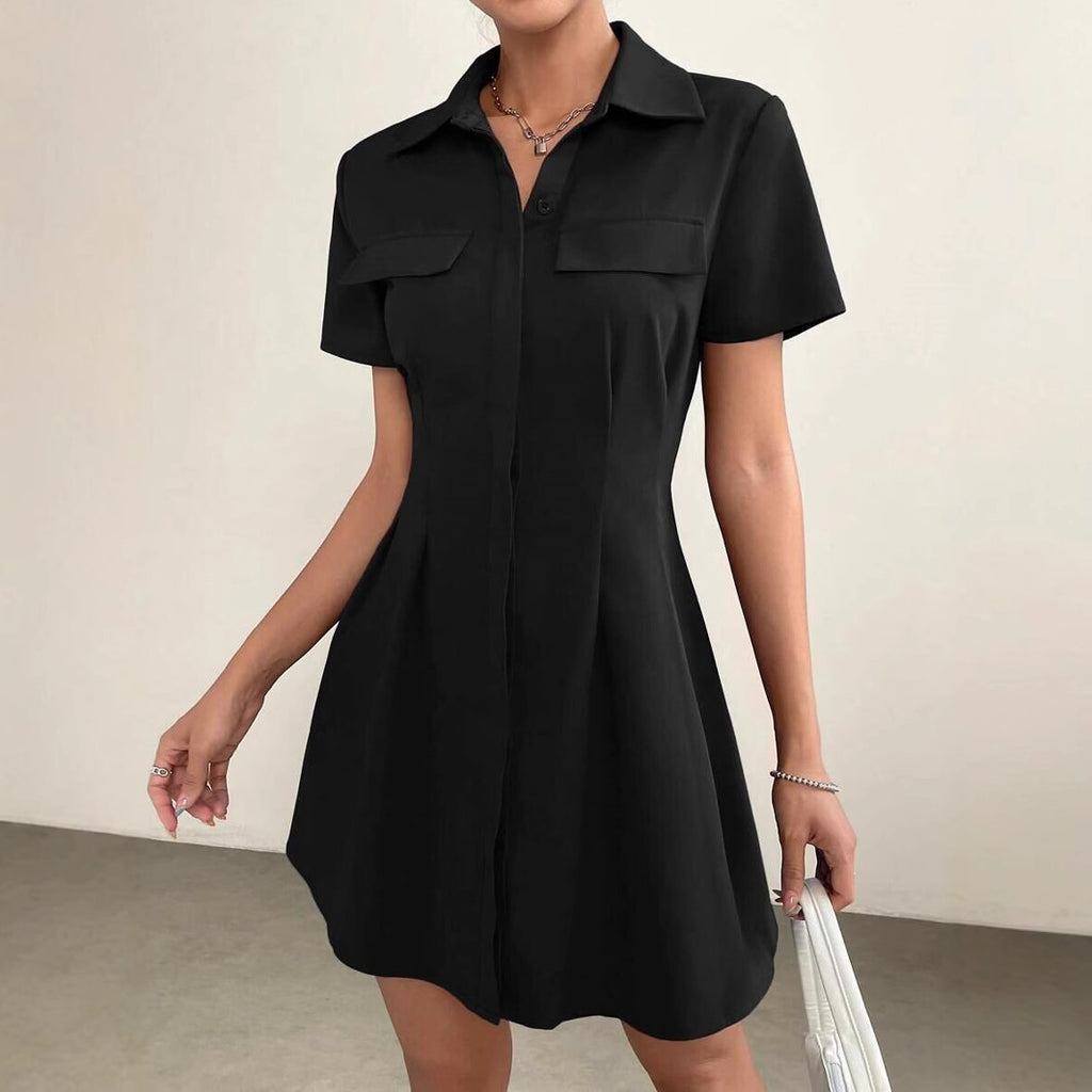 Vestido Camisero Midi Plisado con Cuello Solapa y Cintura Marcada