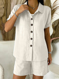 Women's Cotton Linen Button Down Short Sleeve Casual Shirt Set