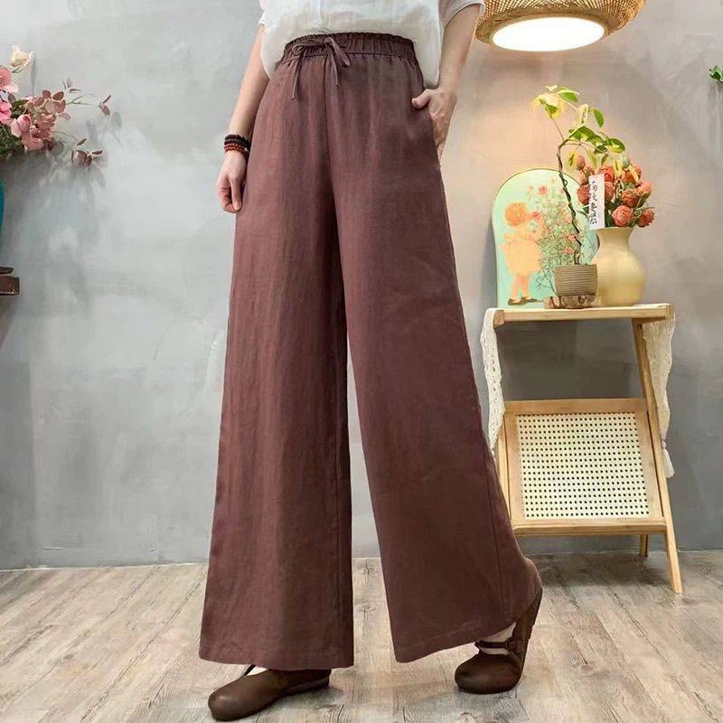 Pantalones holgados de talle alto de algodón y lino para mujer