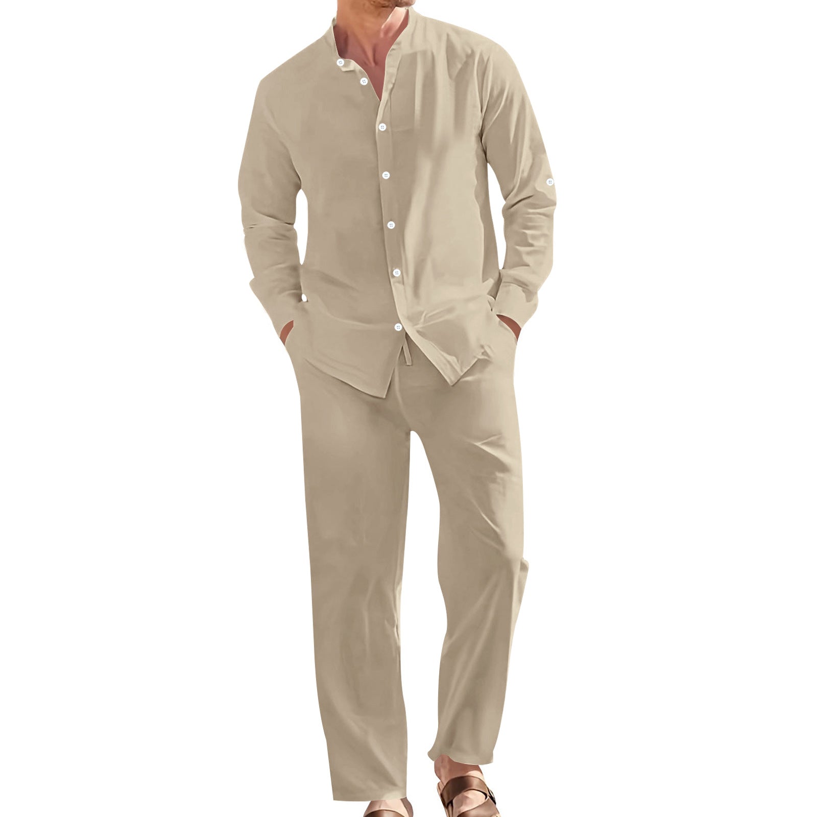Conjunto de camisa informal de lino con cuello alto y pantalón holgado para hombre.