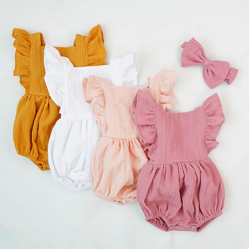 Girls' short-sleeved romper with ruffles and matching bow