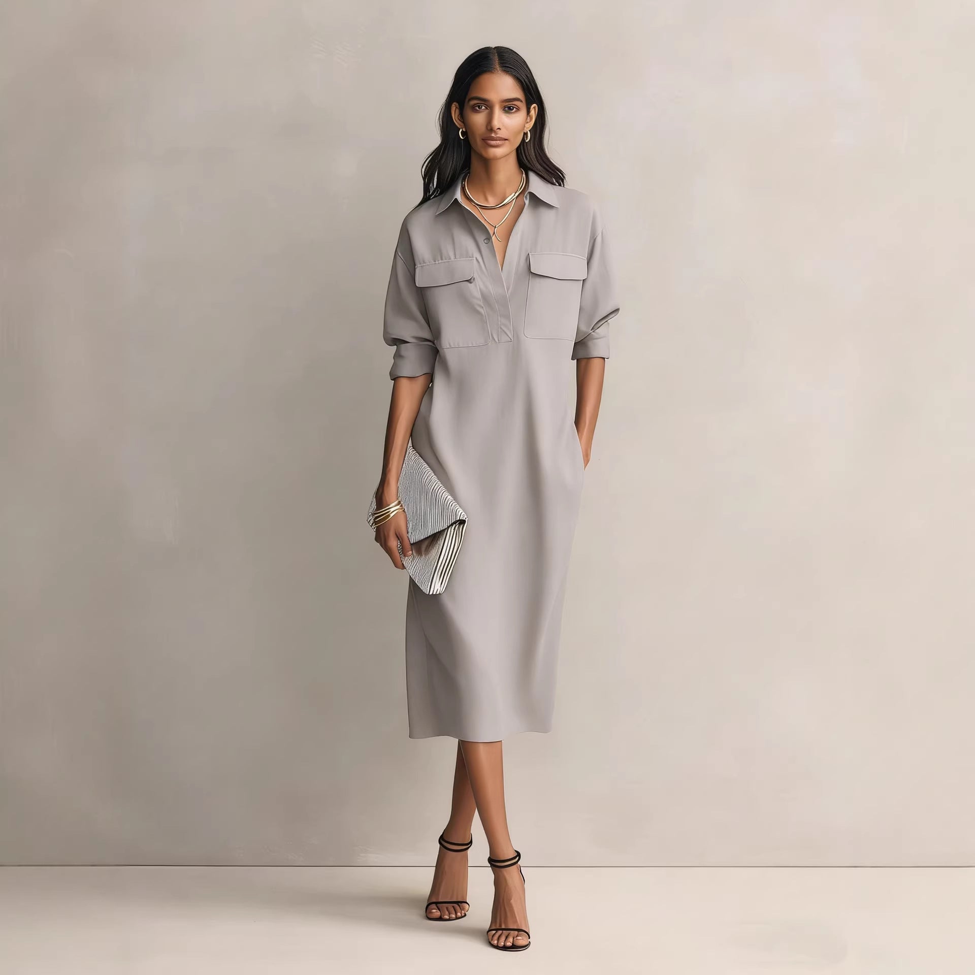 Vestido Camisero Elegante Estilo Francés Mujer