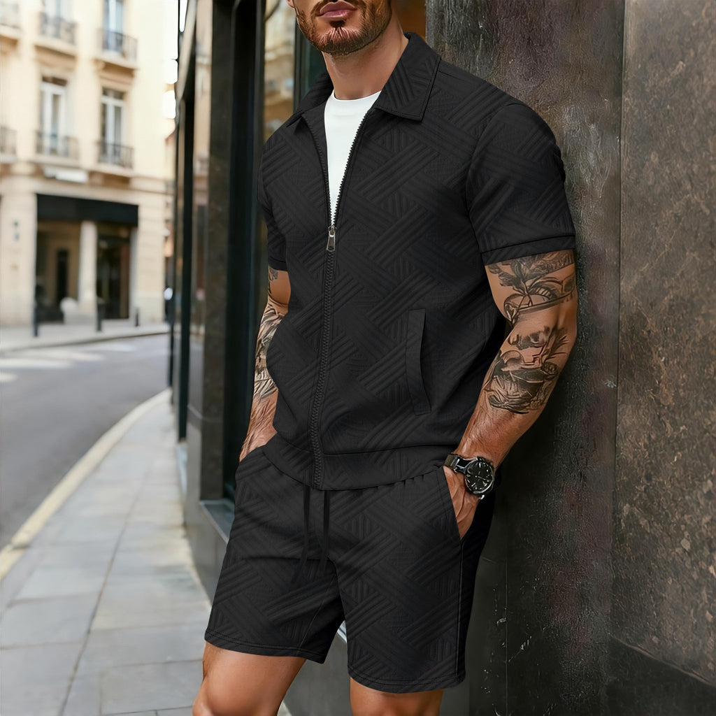 Conjunto de cárdigan jacquard con cremallera, chaqueta de manga corta y pantalones cortos