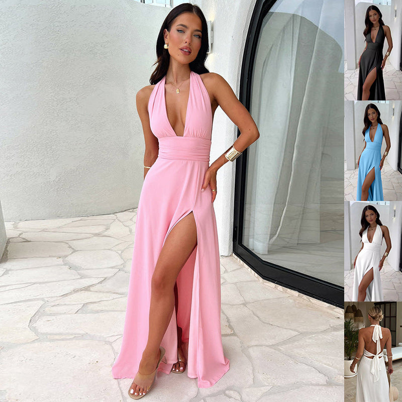 Vestido Halter Escote V Espalda Descubierta Mujer