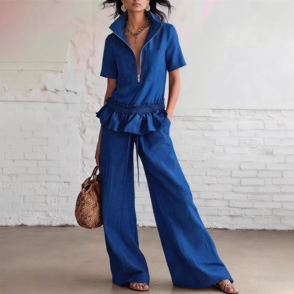Conjunto de pantalón ancho y camisa de color liso para mujer.