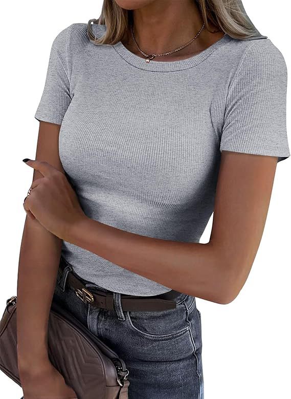 Camiseta de Manga Larga Elástica Cuello Redondo Acanalada para Mujer