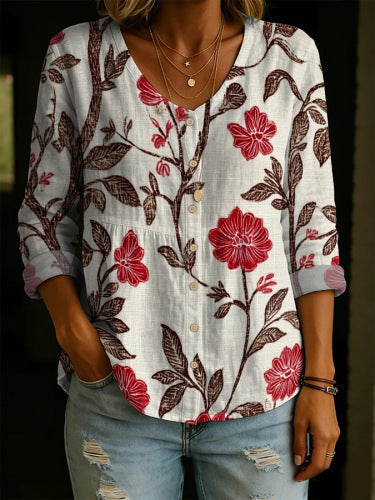 Camisa Henley para mujer con estampado floral en 3D