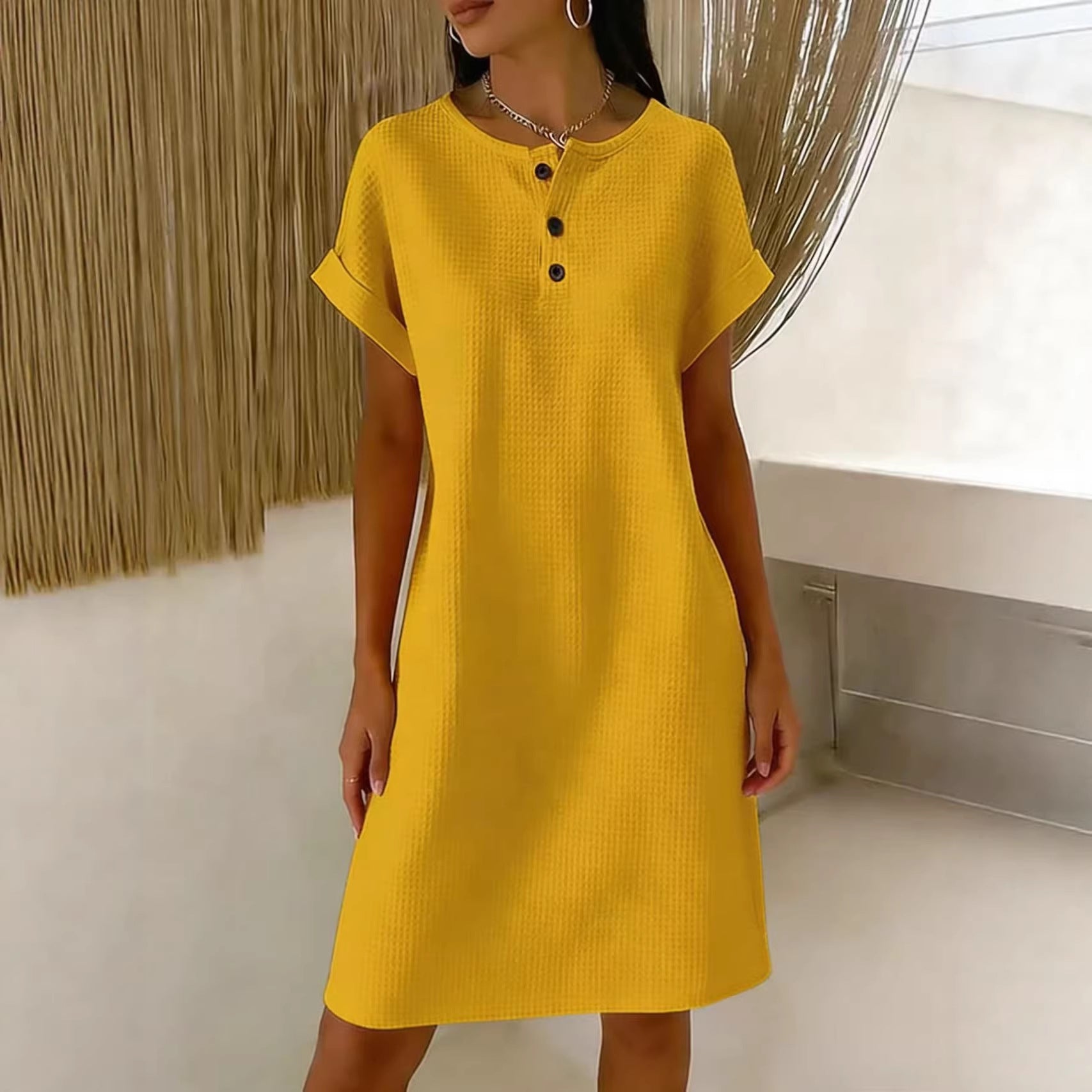 New comfortable and casual plain waffle knit dress with a round neck