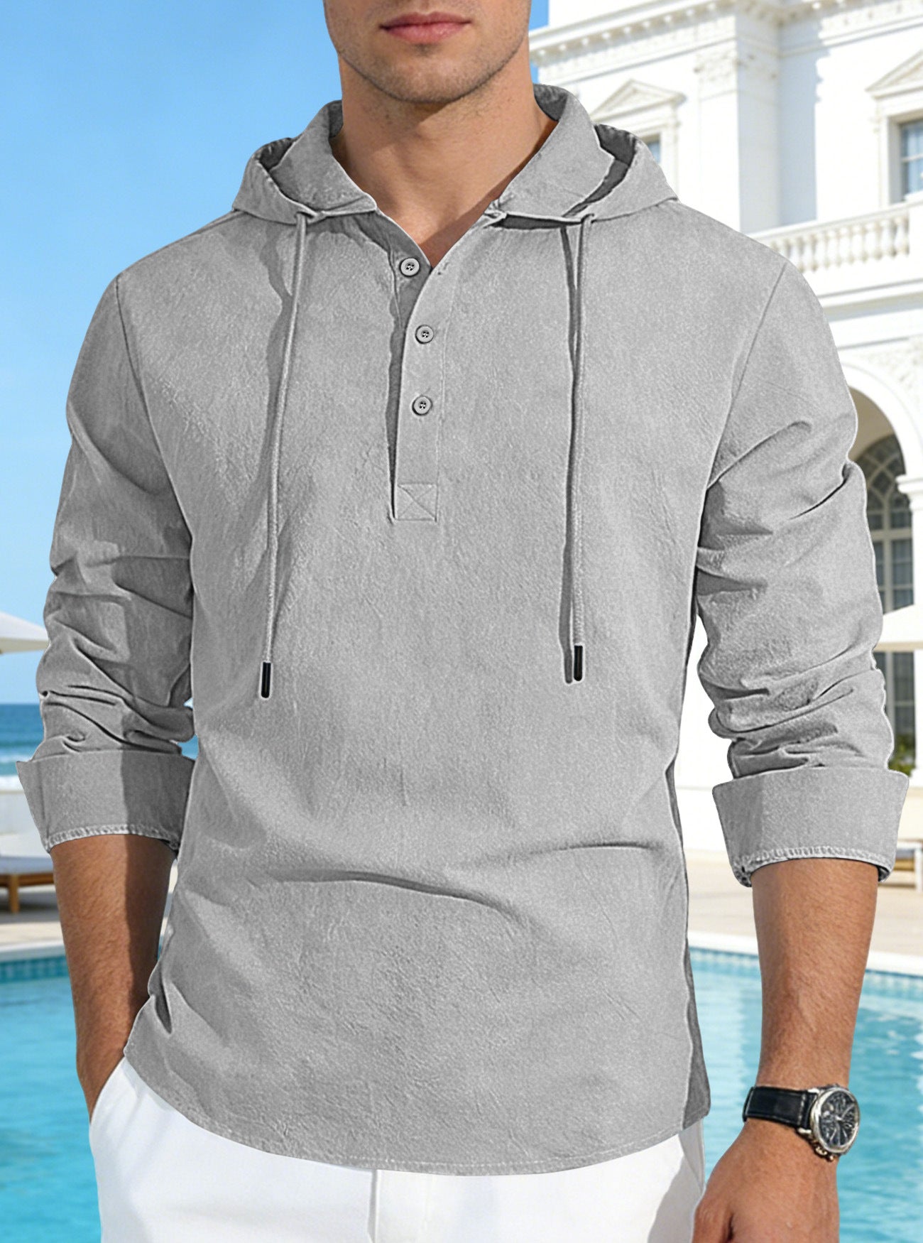 Camisa versátil de algodón y lino de color liso con botones, perfecta tanto para vacaciones como para uso diario.