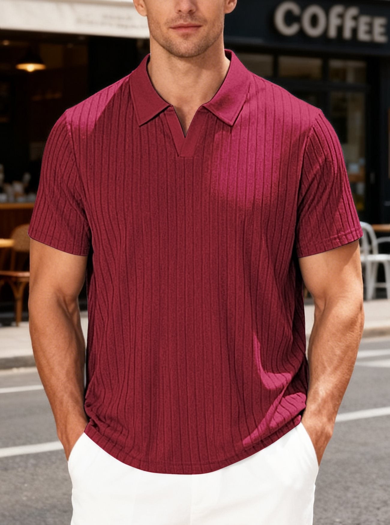 Camisa informal de manga corta a rayas con solapa de jacquard y tejido tipo toalla para hombre