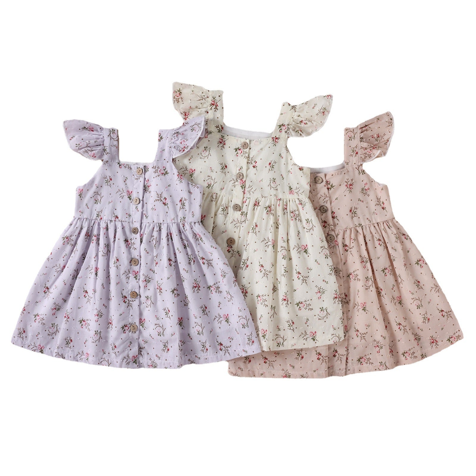Vestido Lencero Infantil Tricolor con Estampado Floral y Mangas Cortas — Algodón