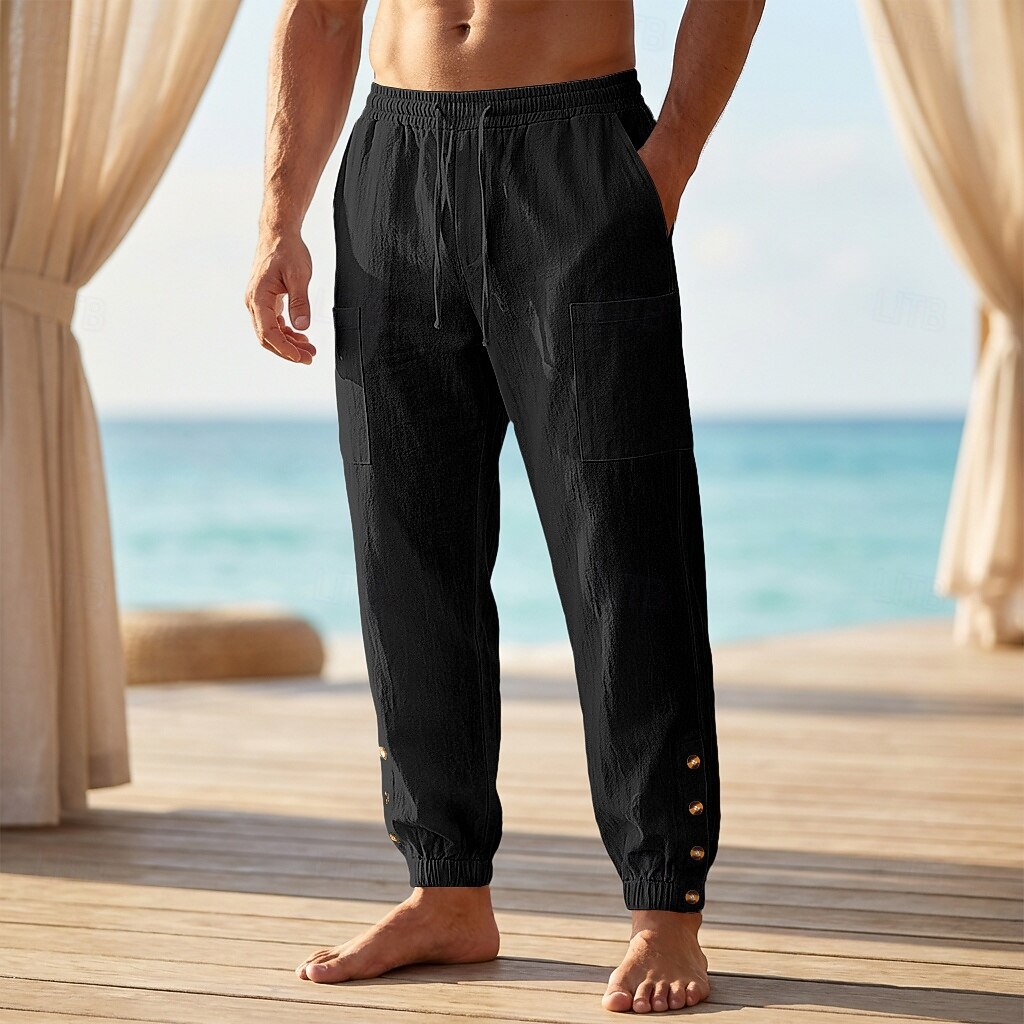 Pantalones cortos de lino para hombre, de corte holgado e informal, con puños abotonados.