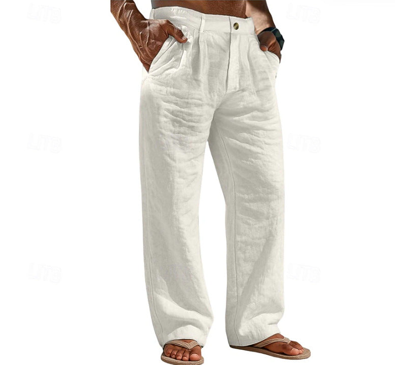 Pantalones de lino cómodos para vacaciones con bolsillos abotonados