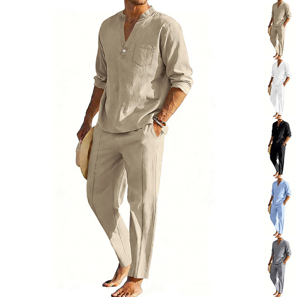 Conjunto informal de pantalón recto y camiseta Henley de manga larga para hombre