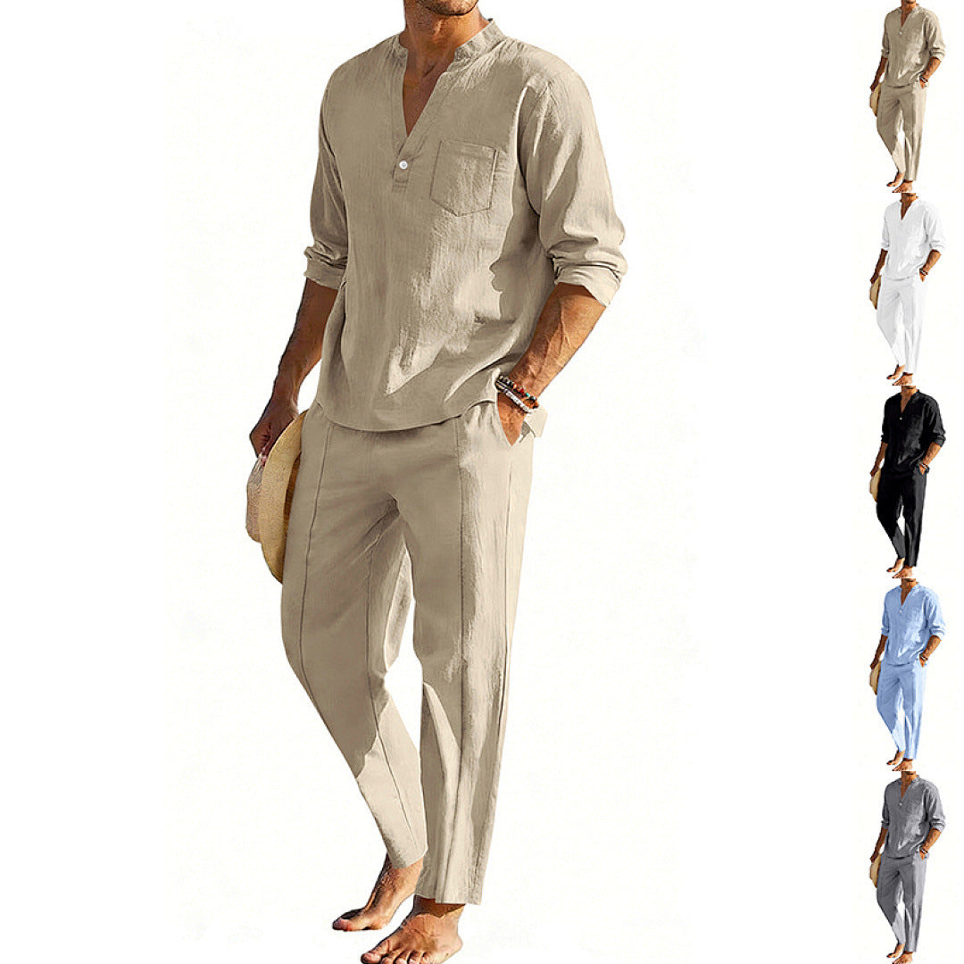 Conjunto informal de pantalón recto y camiseta Henley de manga larga para hombre