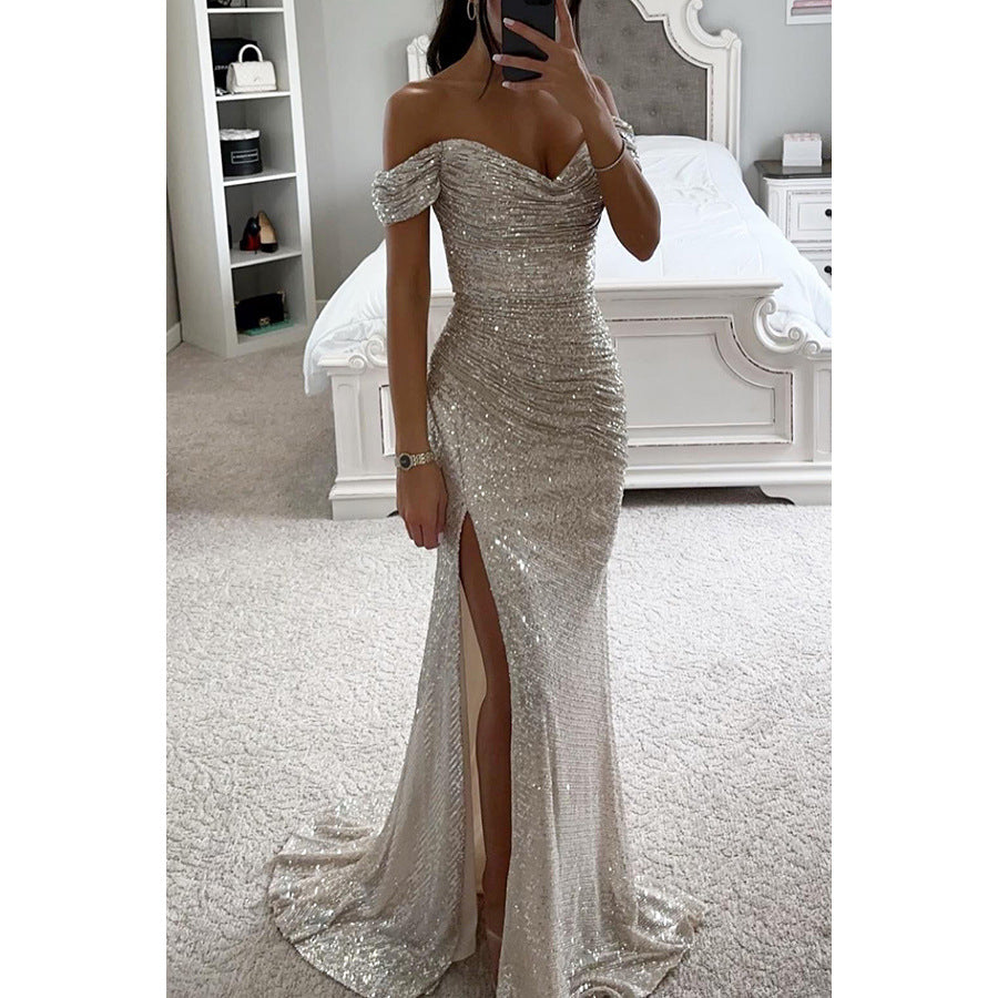 Vestido de Fiesta con Lentejuelas Escote Descubierto Mujer