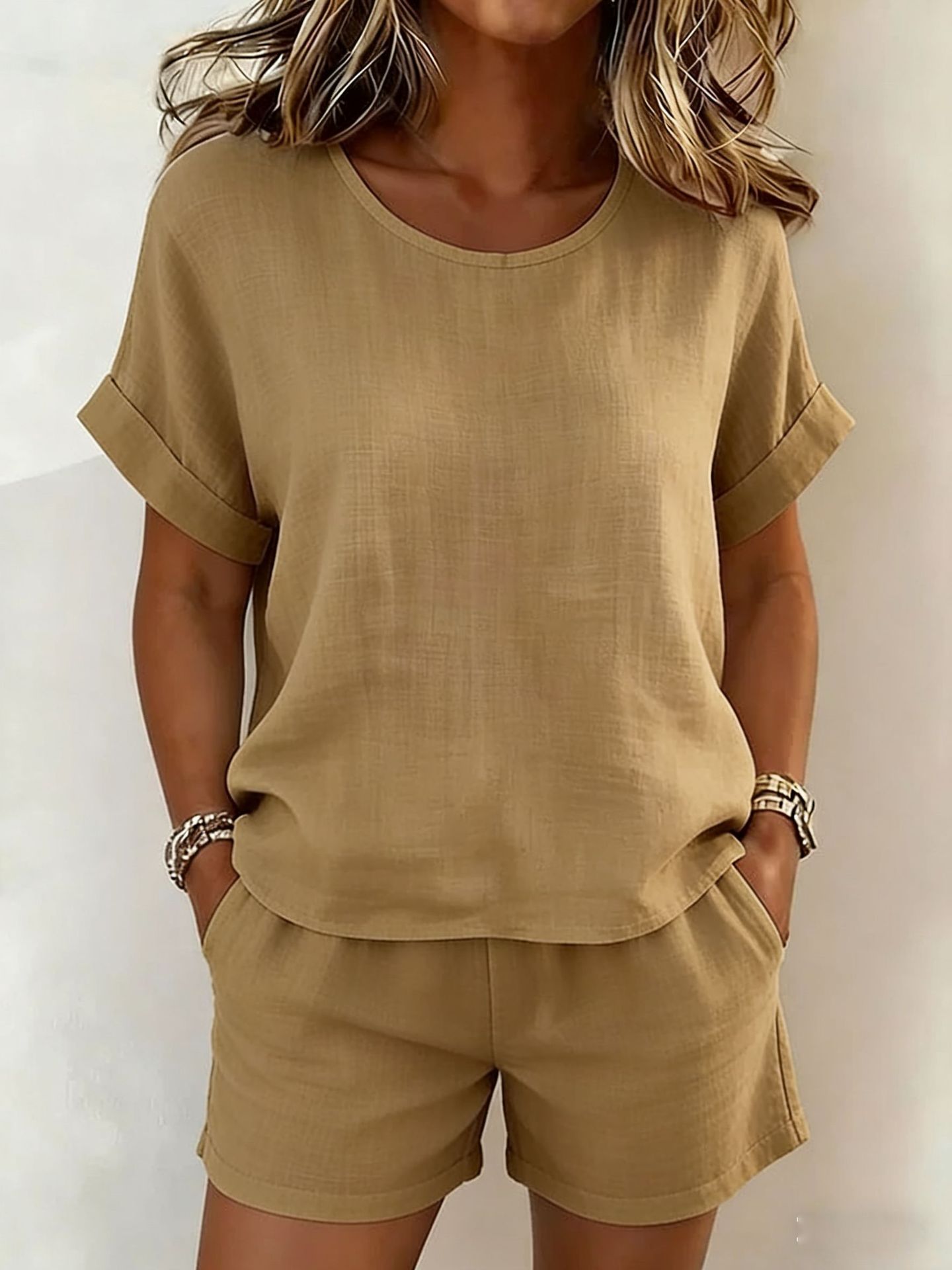 Conjunto Dos Piezas Informal Color Liso Cuello Redondo Manga Corta Mujer