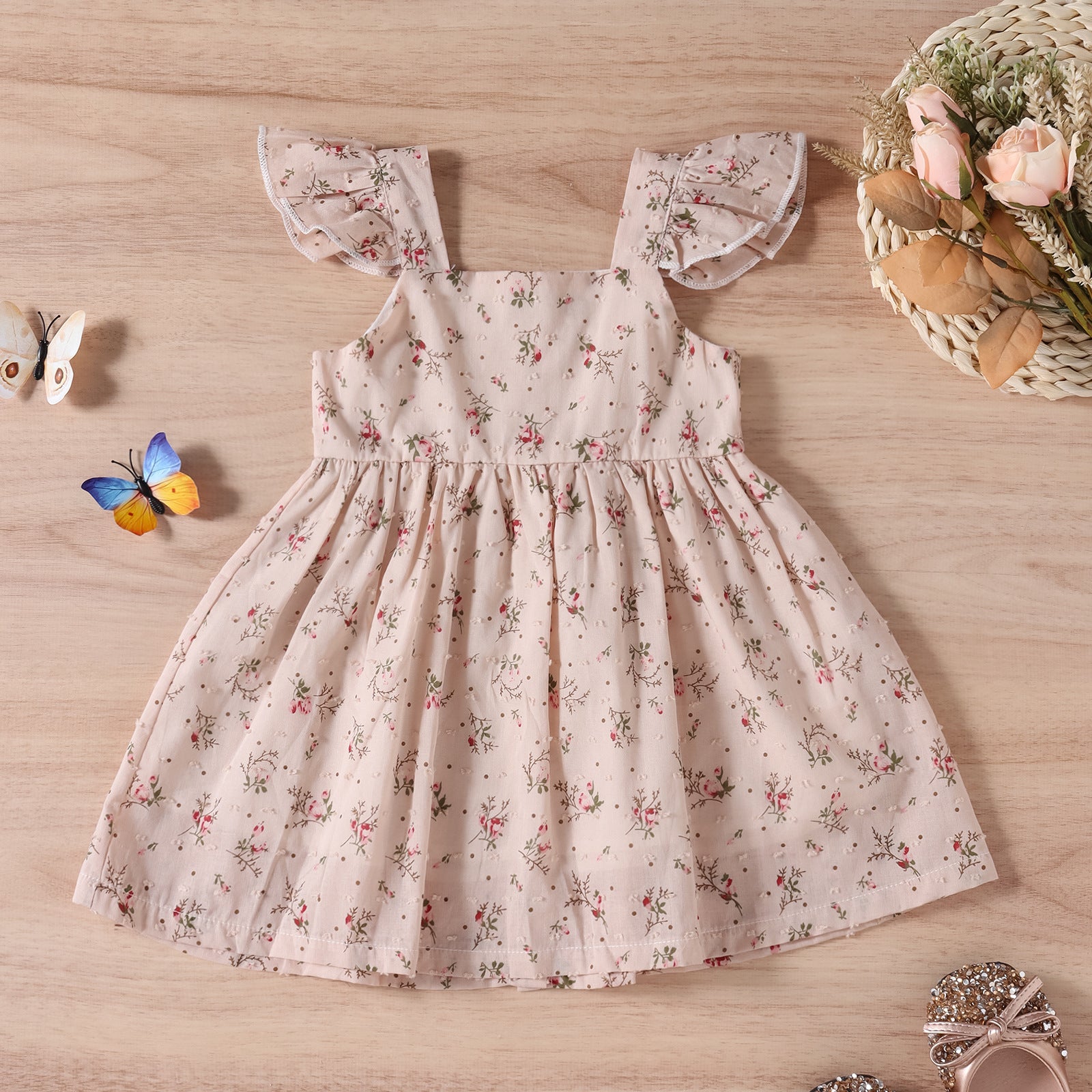 Vestido Lencero Infantil Tricolor con Estampado Floral y Mangas Cortas — Algodón