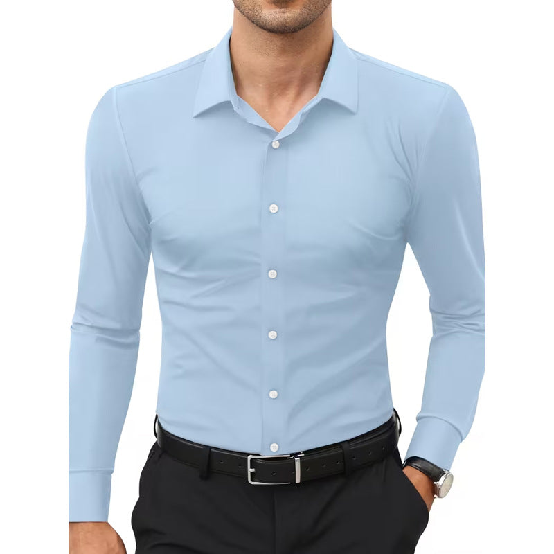 Camisa blanca elástica de manga larga con botones para hombre, tallas grandes.