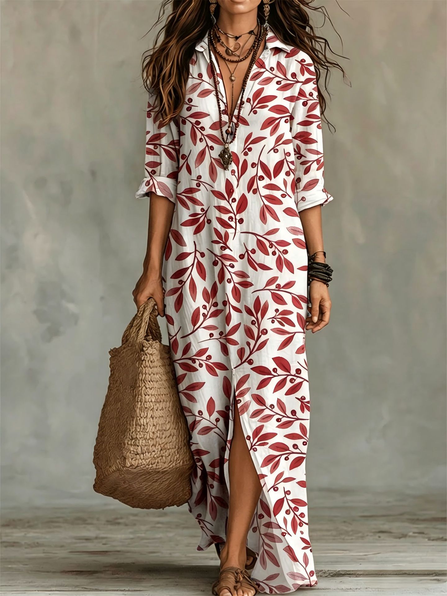 Vestido Camisero Largo con Estampado Digital para Mujer — Poliéster