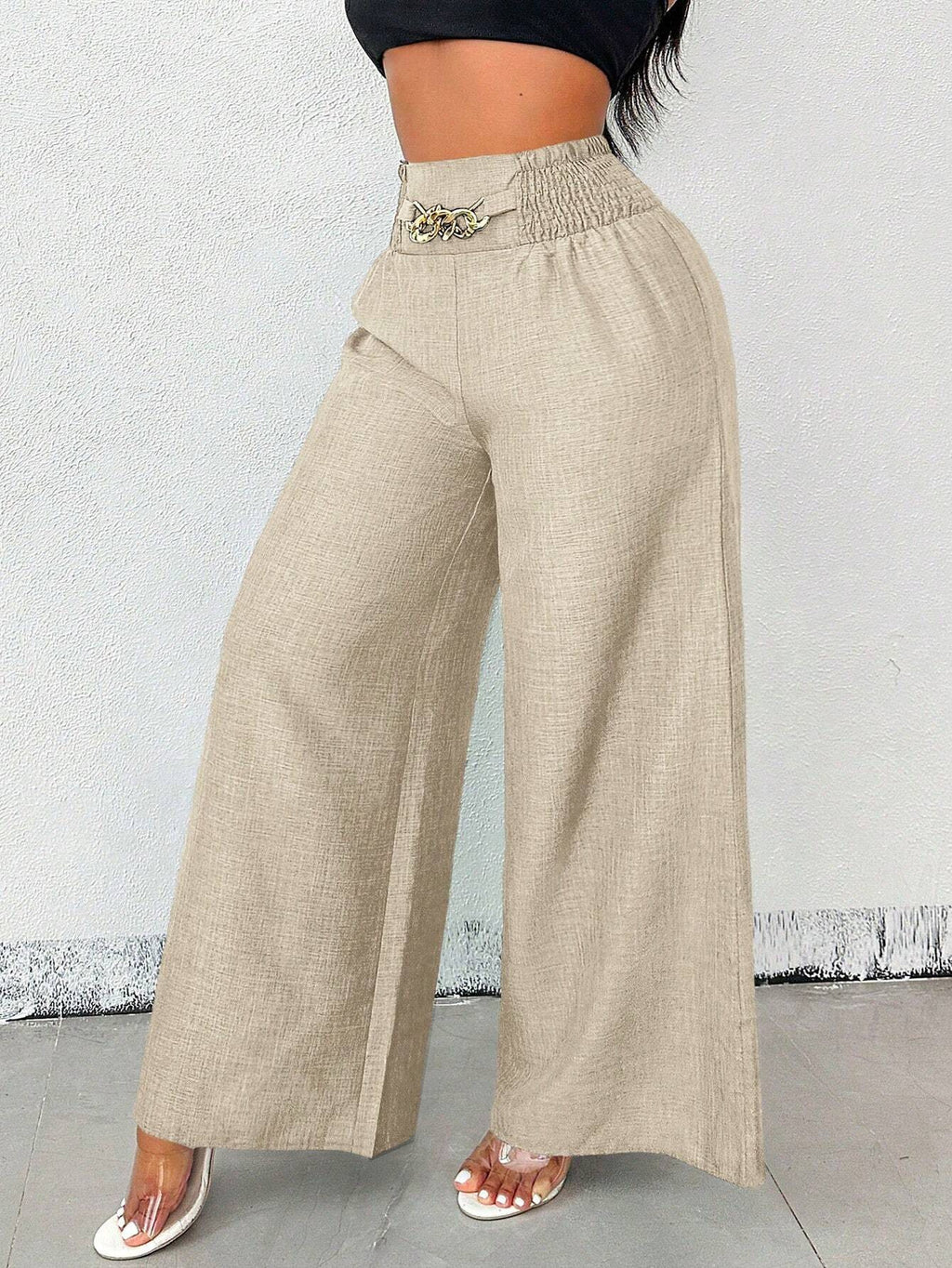 Pantalones largos de pierna ancha elásticos con caída retro y cintura alta