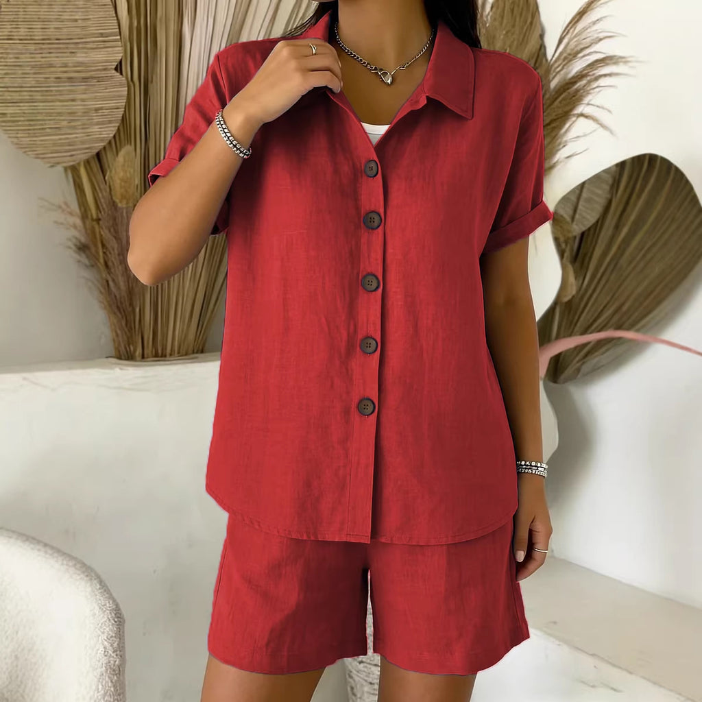 Women's Cotton Linen Button Down Short Sleeve Casual Shirt Set