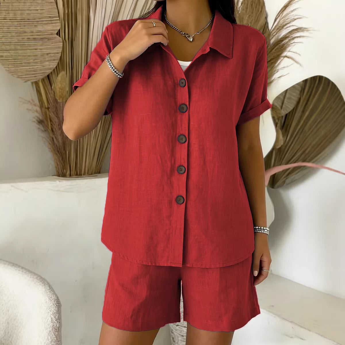 Conjunto de camisa informal de manga corta para mujer — algodón y lino con botones