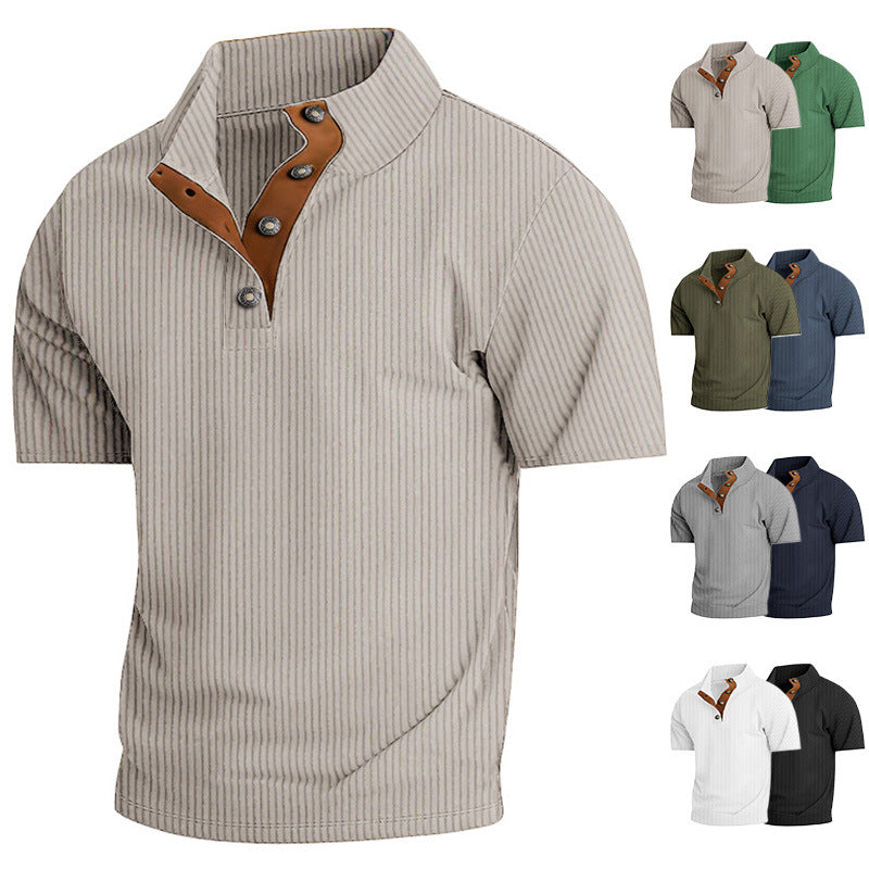 Camiseta de pana de manga corta con cuello alto para hombre,