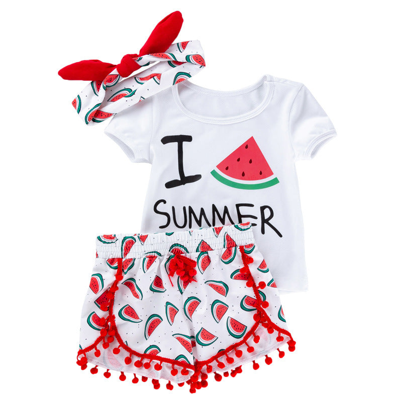 Conjunto Tres Piezas Bebé Niña Camiseta, Shorts y Diadema — Verano