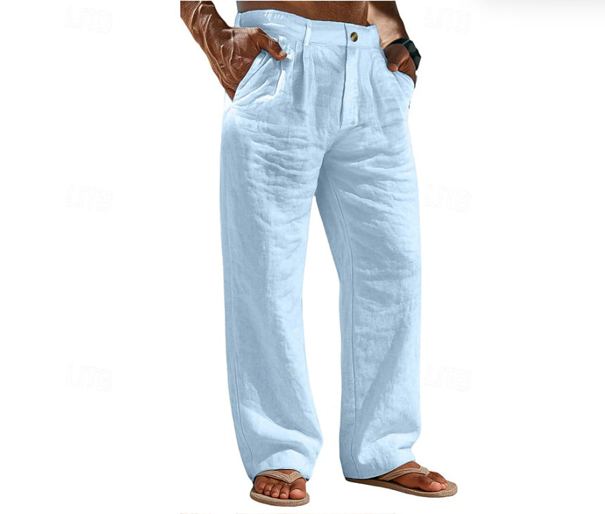 Pantalones de lino cómodos para vacaciones con bolsillos abotonados