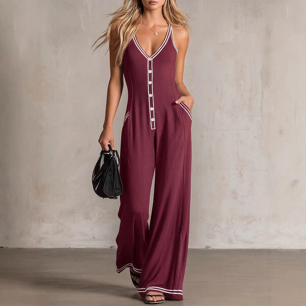 Mono informal de mujer con escote en V, espalda descubierta y perneras anchas.