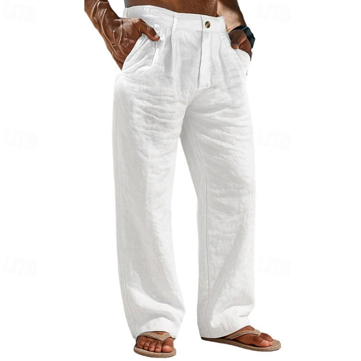 Pantalones de lino cómodos para vacaciones con bolsillos abotonados