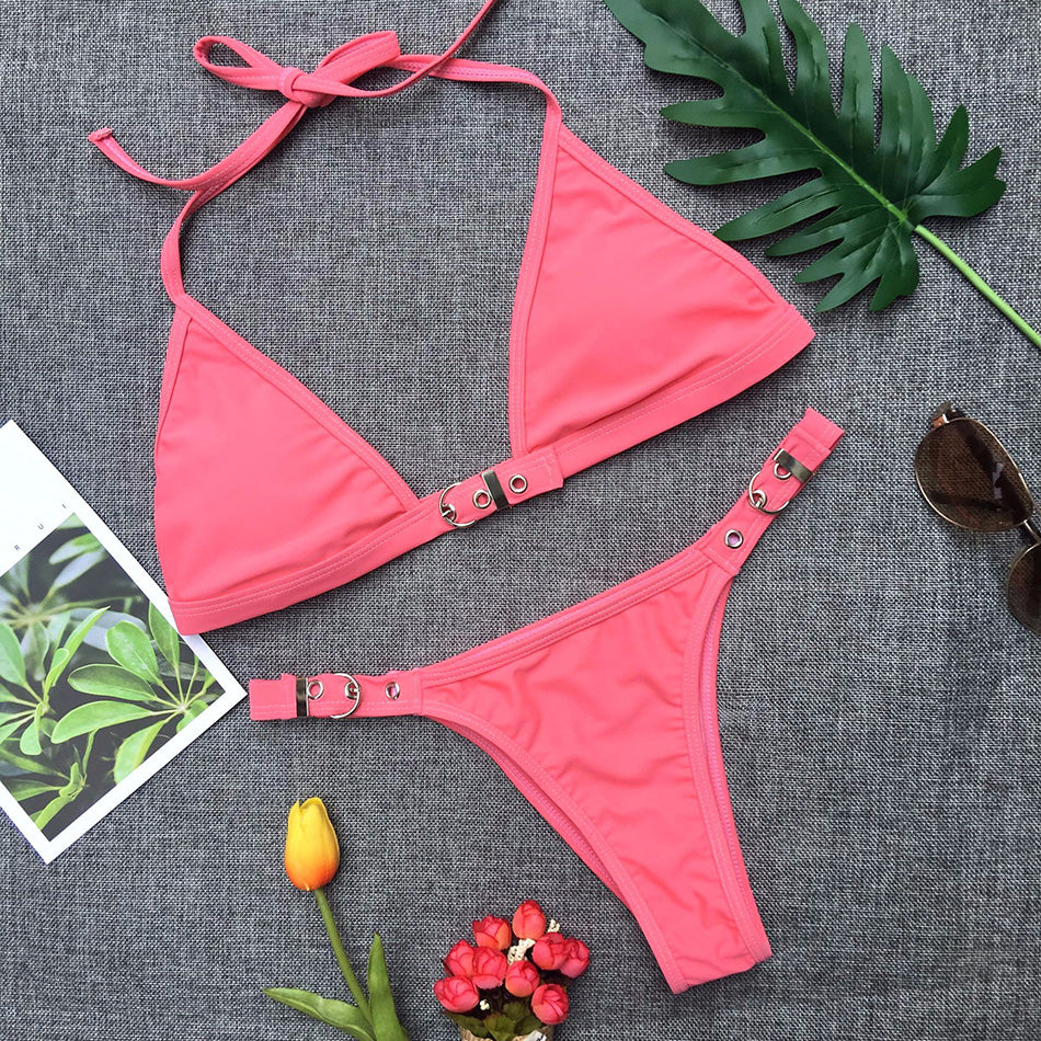 Traje de baño ajustable para mujer, bikini sexy, traje de baño liso, bikini tanga negro para mujer, traje de baño brasileño