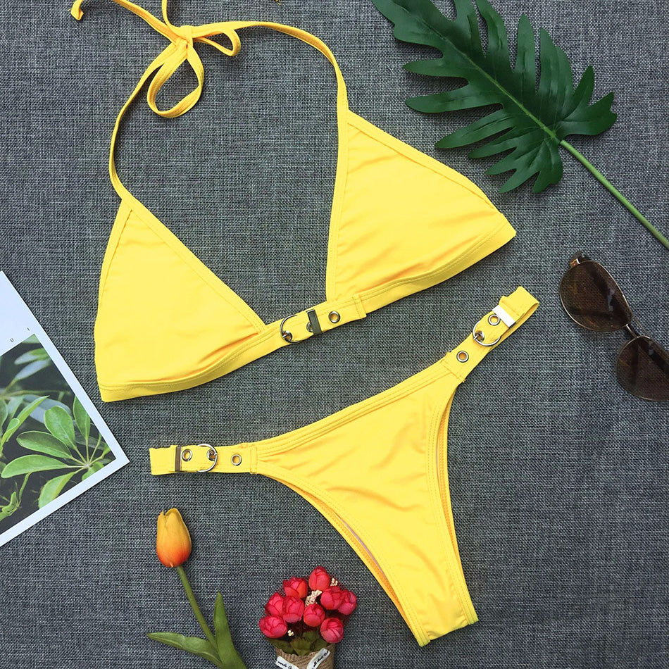 Traje de baño ajustable para mujer, bikini sexy, traje de baño liso, bikini tanga negro para mujer, traje de baño brasileño