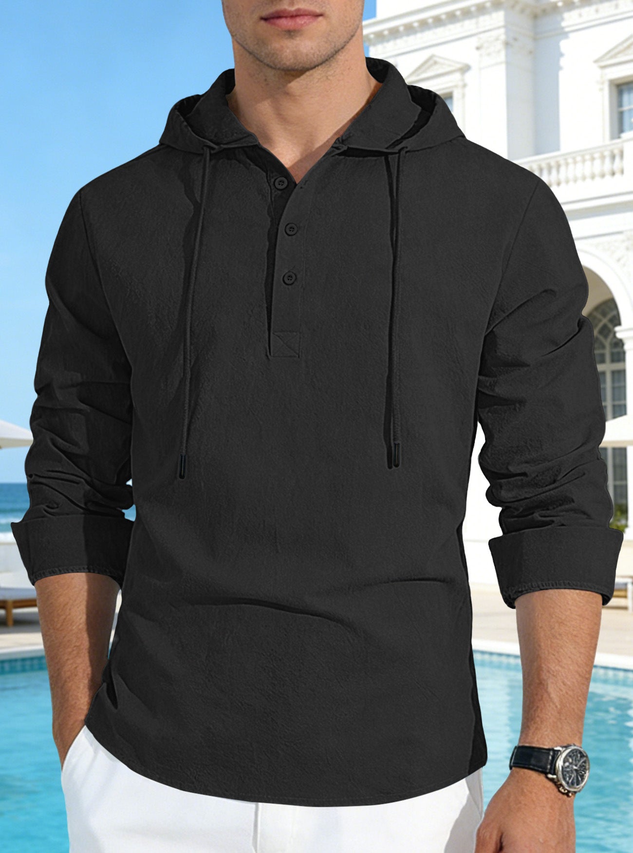 Camisa versátil de algodón y lino de color liso con botones, perfecta tanto para vacaciones como para uso diario.