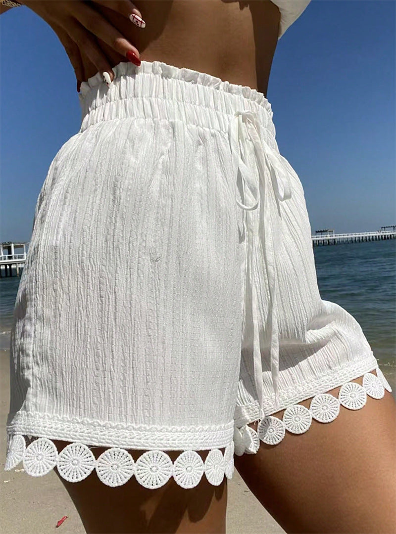 Pantalones cortos de playa informales con ribete de encaje para mujer