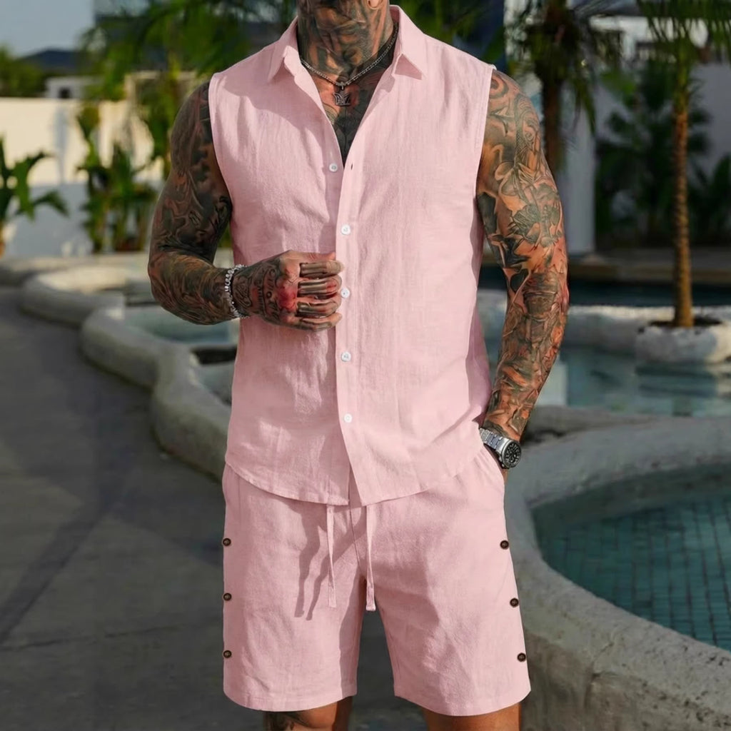Conjunto fresco de lino para hombre — camisa manga corta y shorts