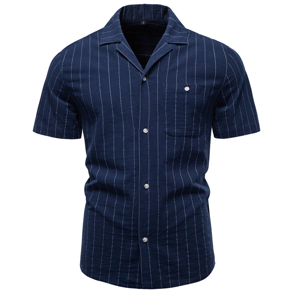 Camisa de algodón a rayas con cuello cubano para hombre.