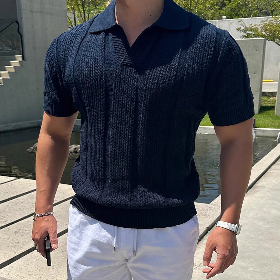 Polo de seda helada calada para hombre con cuello de solapa