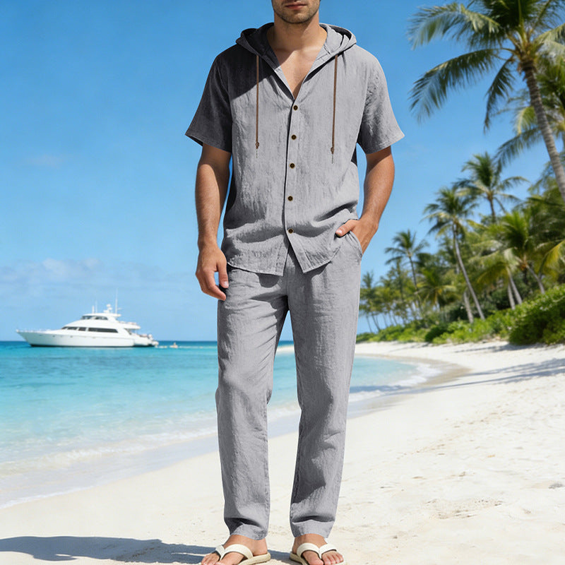 Conjunto de camisa de manga corta con capucha, holgada e informal para hombre, ideal para el verano