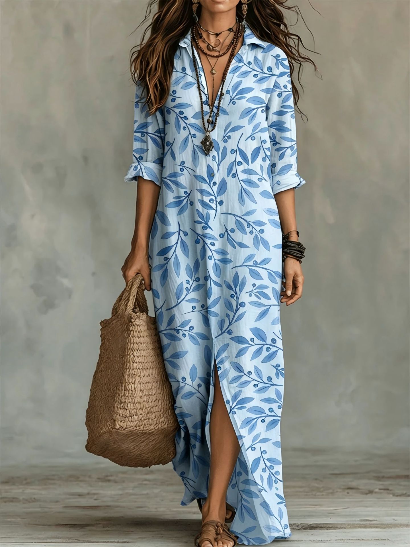 Vestido Camisero Largo con Estampado Digital para Mujer — Poliéster