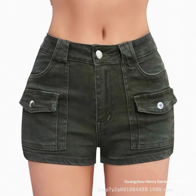 Pantalones cortos vaqueros elásticos multibolsillos para mujer