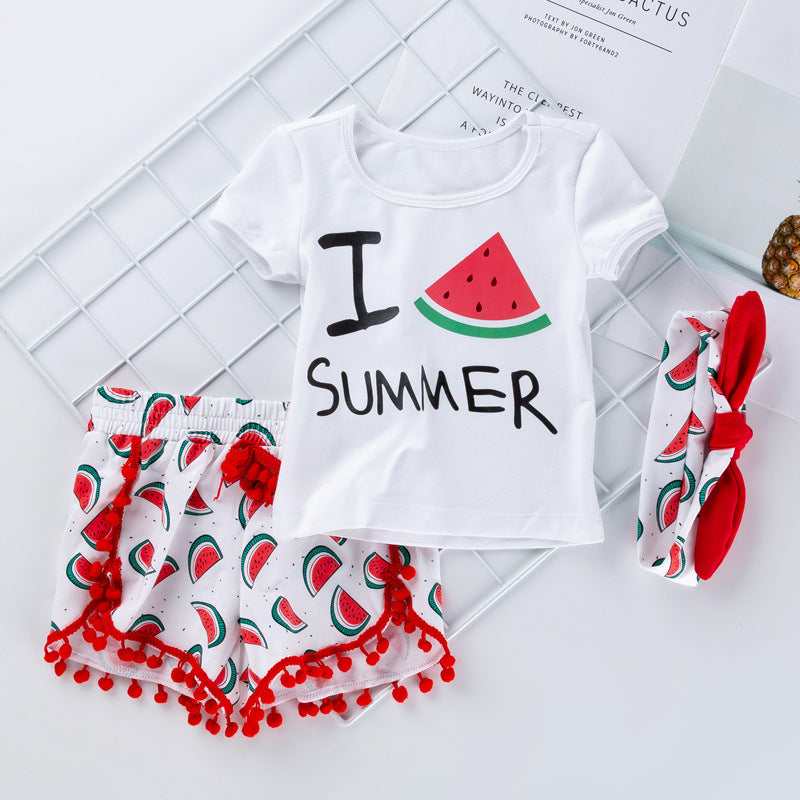 Conjunto Tres Piezas Bebé Niña Camiseta, Shorts y Diadema — Verano