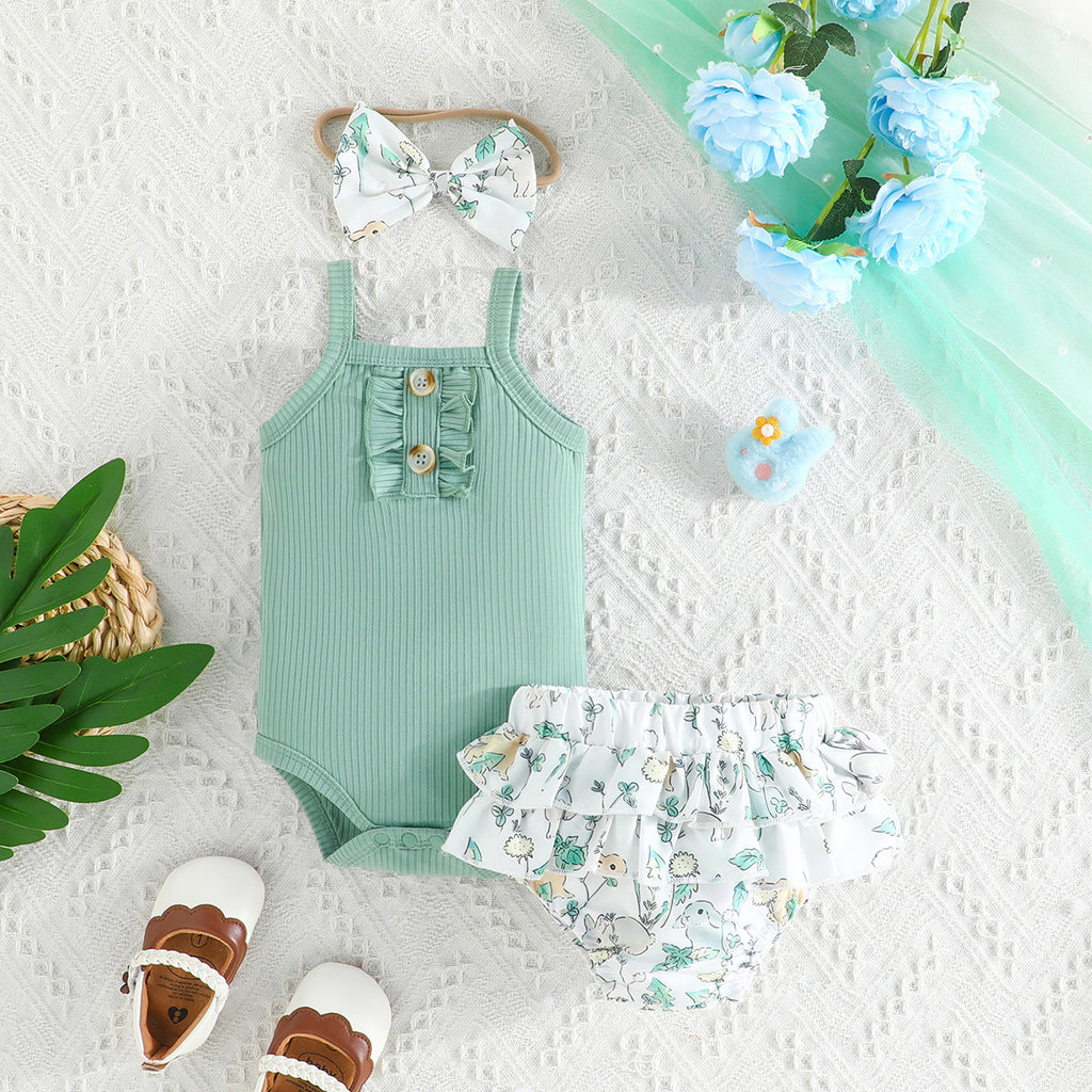 Mono Corto de Color Liso para Bebé Niña — Conjunto 3 Piezas