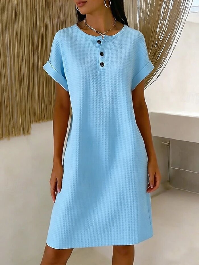 Vestido cómodo de punto gofrado con cuello redondo