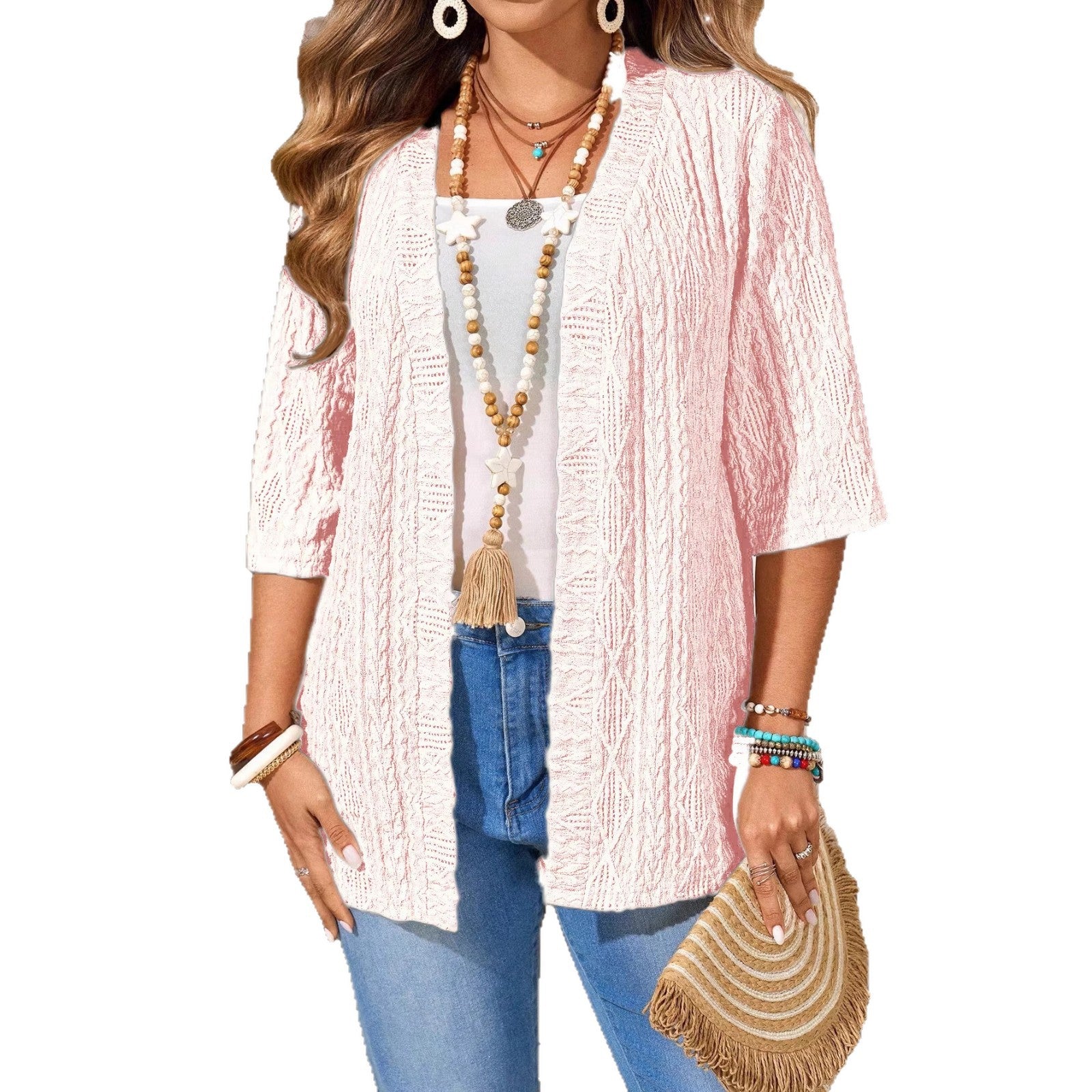 Cárdigan informal de talla grande para mujer con diseño calado y top liso.