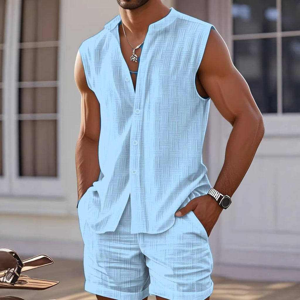 Conjunto deportivo informal sin mangas para hombre con cuello redondo