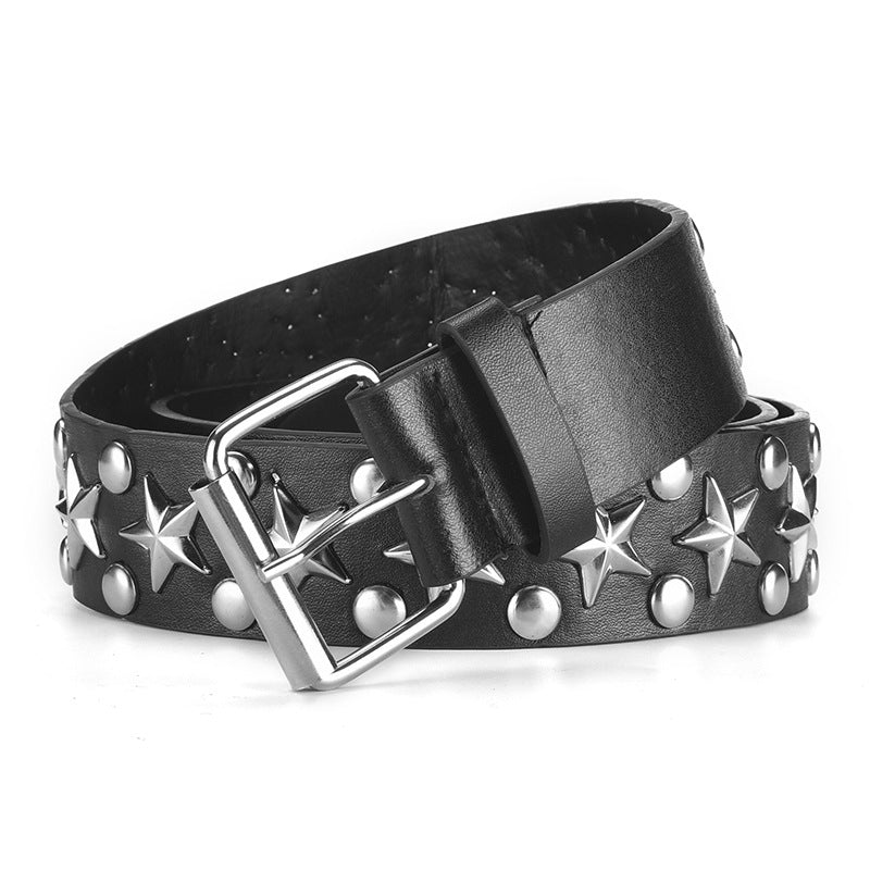 Cinturón de pantalón estilo punk con hebilla ancha y versátil, remache de estrella de cinco puntas.