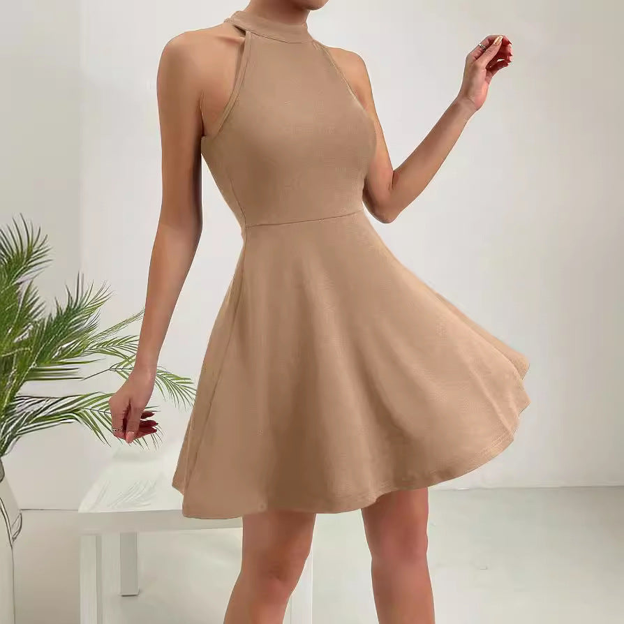 Vestido sin mangas de talle alto y cuello halter de color liso para mujer